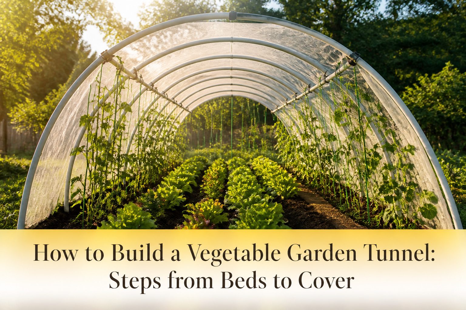 A vegetable garden tunnel filled with green plants under a frost cloth cover.