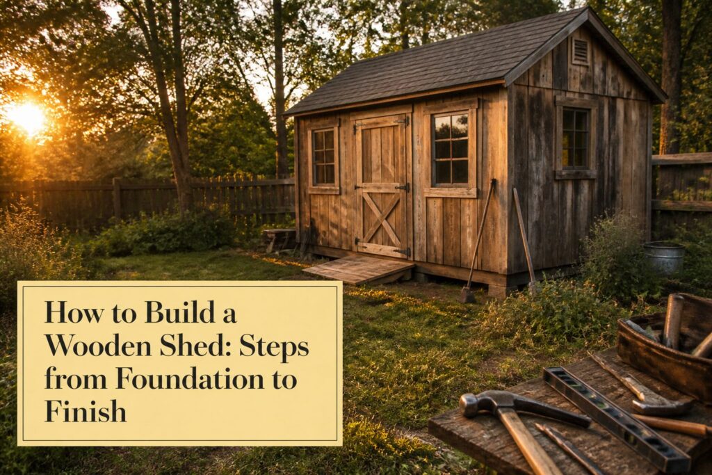 A partially built wooden shed with visible framing and foundation materials.