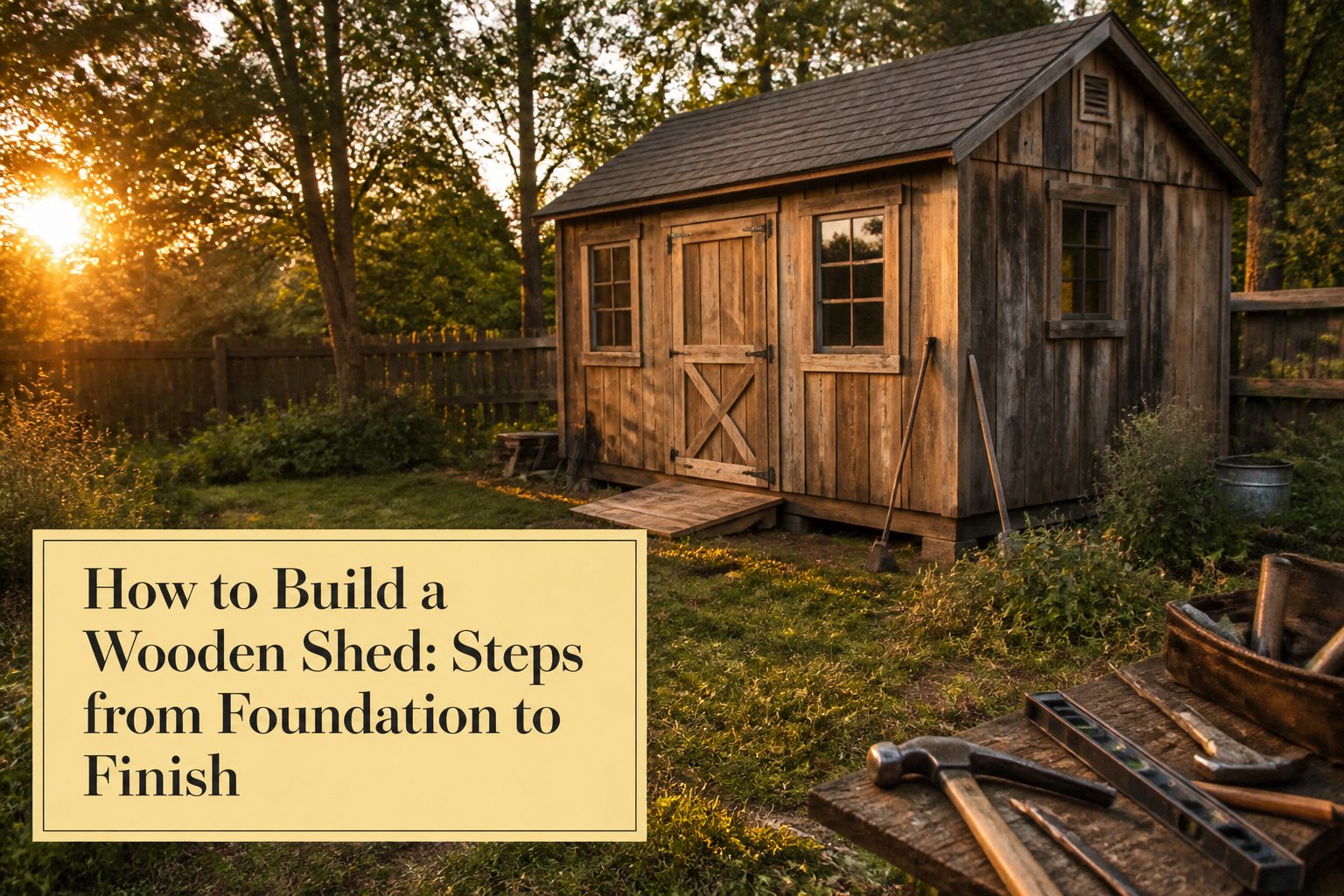 A partially built wooden shed with visible framing and foundation materials.